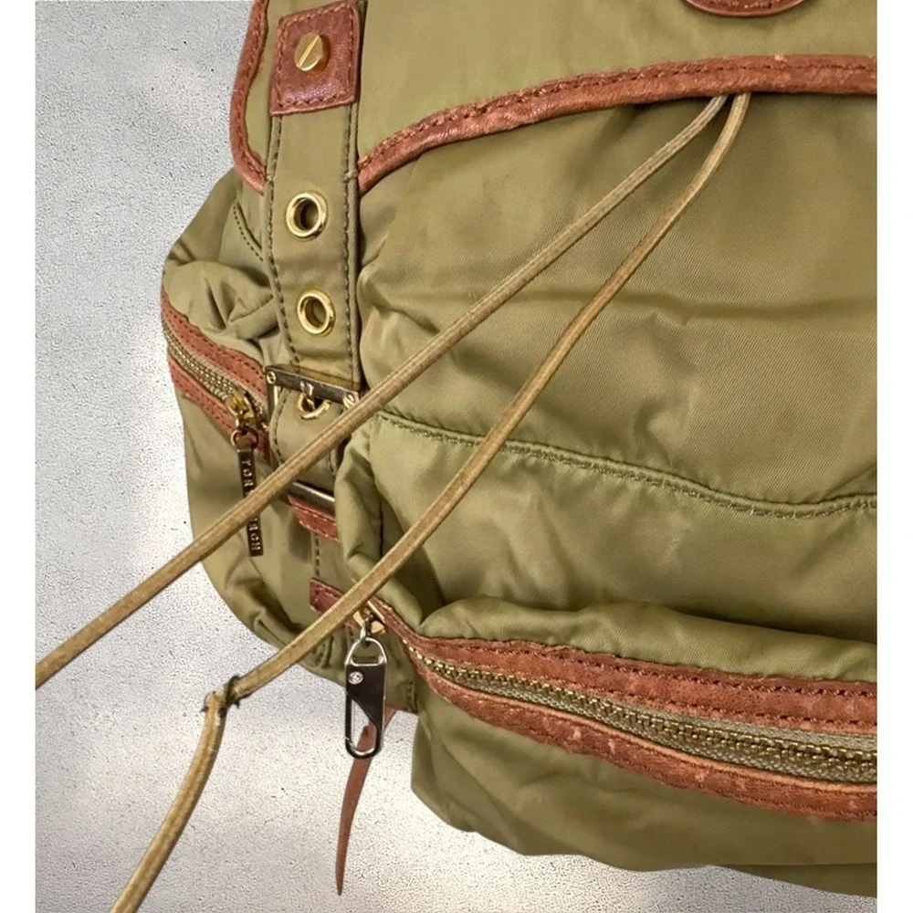 Tory Burch Green Nylon Leather Backpack Zippered Drawstring